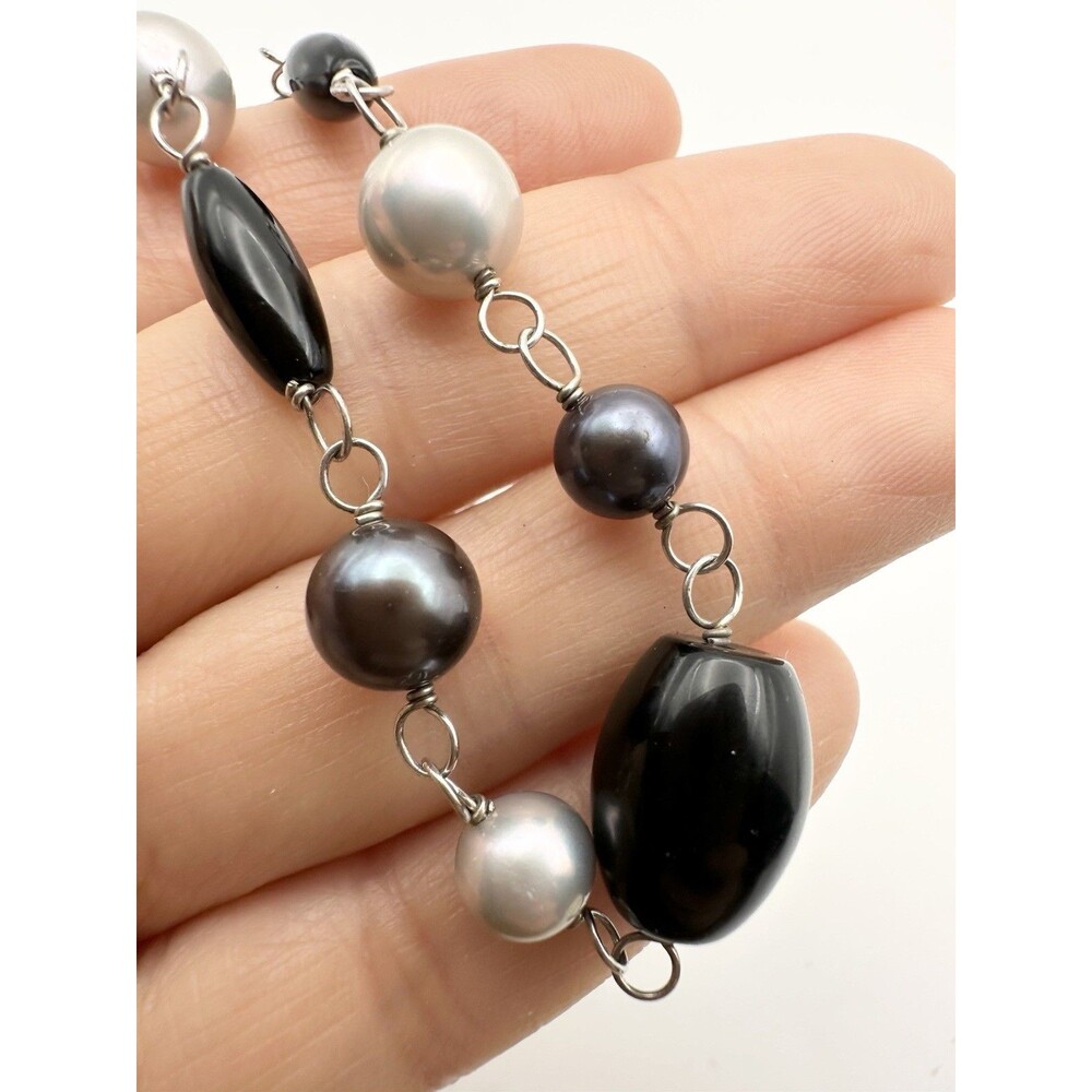 IPS GENUINE PEARLS & BLACK ONYX BRACELET 925 Sterling Silver 7.5”